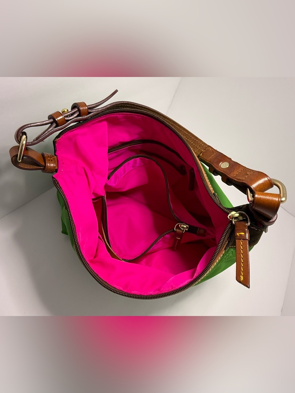 Dooney & Bourke Lime Green Nylon Shoulder Bag Pink Lining. - Picture 7 of 12